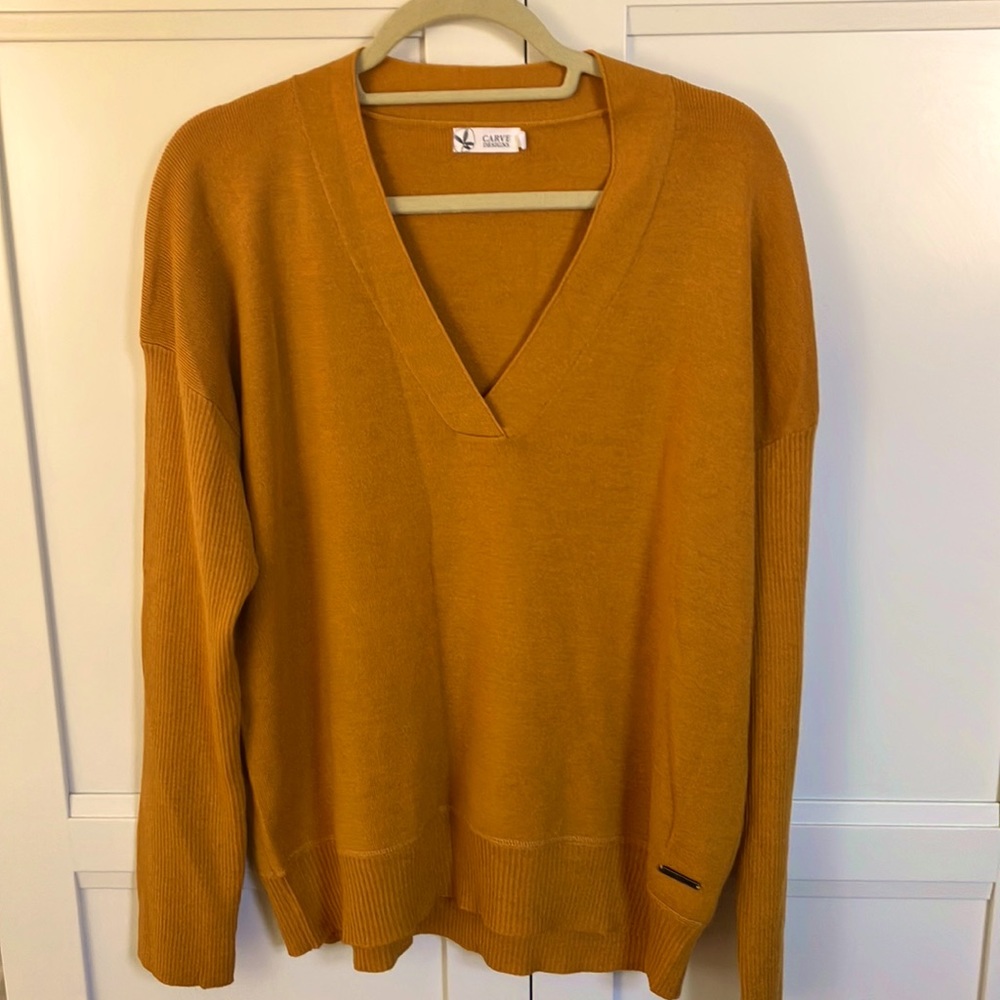 Carve Designs Women's V-Neck Sweater in Mustard Gold